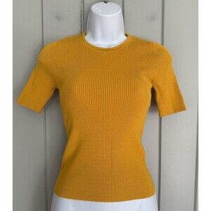 Maeve Anthropologie Yellow Rib Knit Short Sleeve Sweater Shirt XS Viscose Nylon